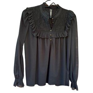 Anthropologie Black Lace & Ruffle Long Sleeve Blouse Size Small